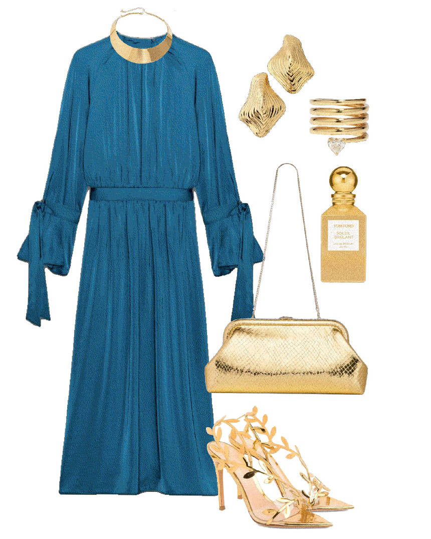 blue long sleeves dress with gold accessories
