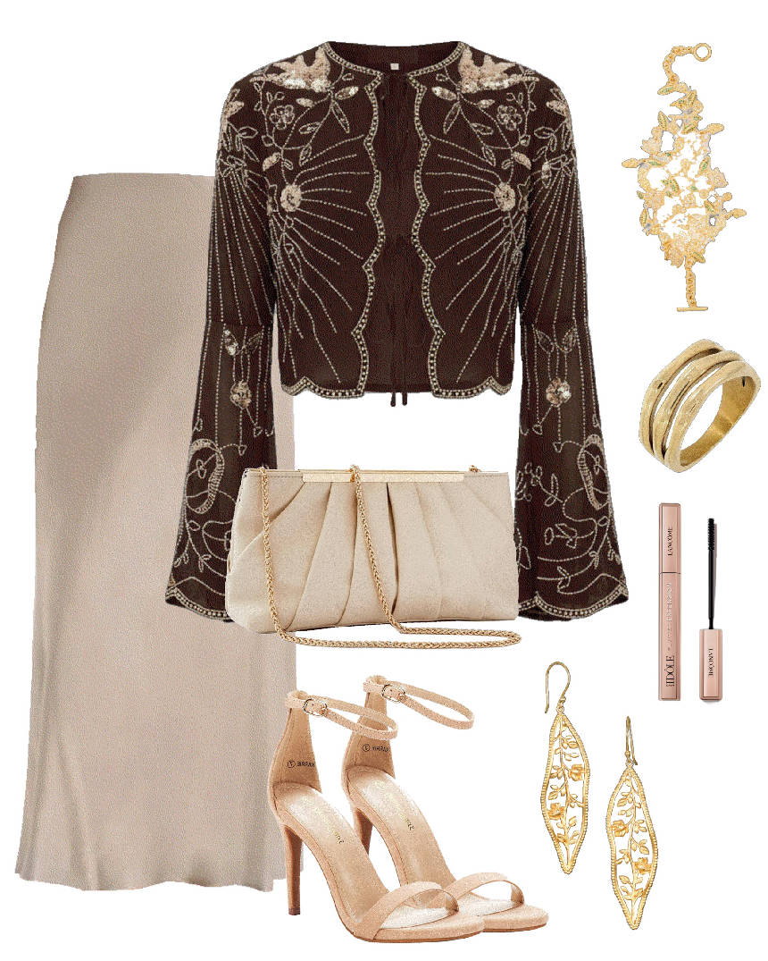 beieg satin skirt and sequin top