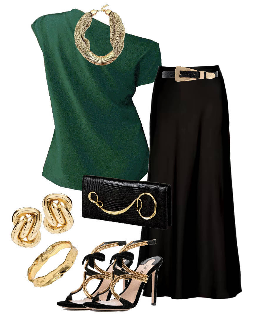 black satin skirt and green top