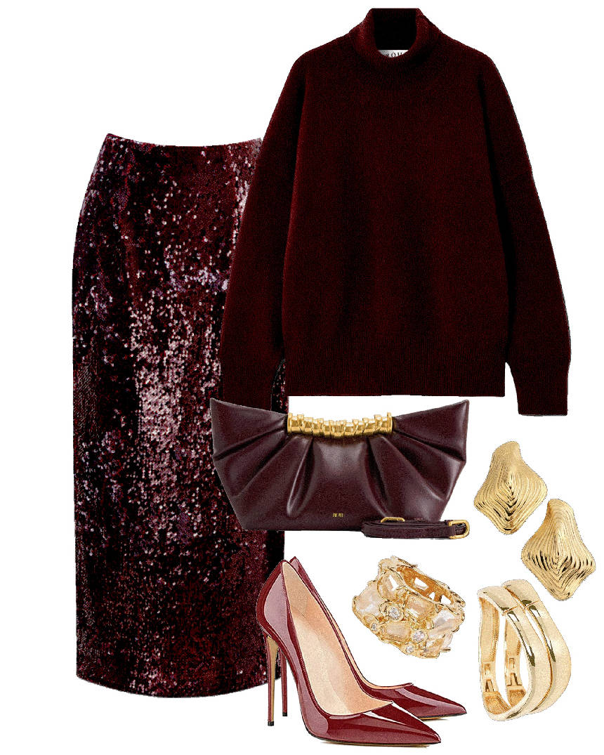 sequin midi skirt in burgundy and burgundy sweater