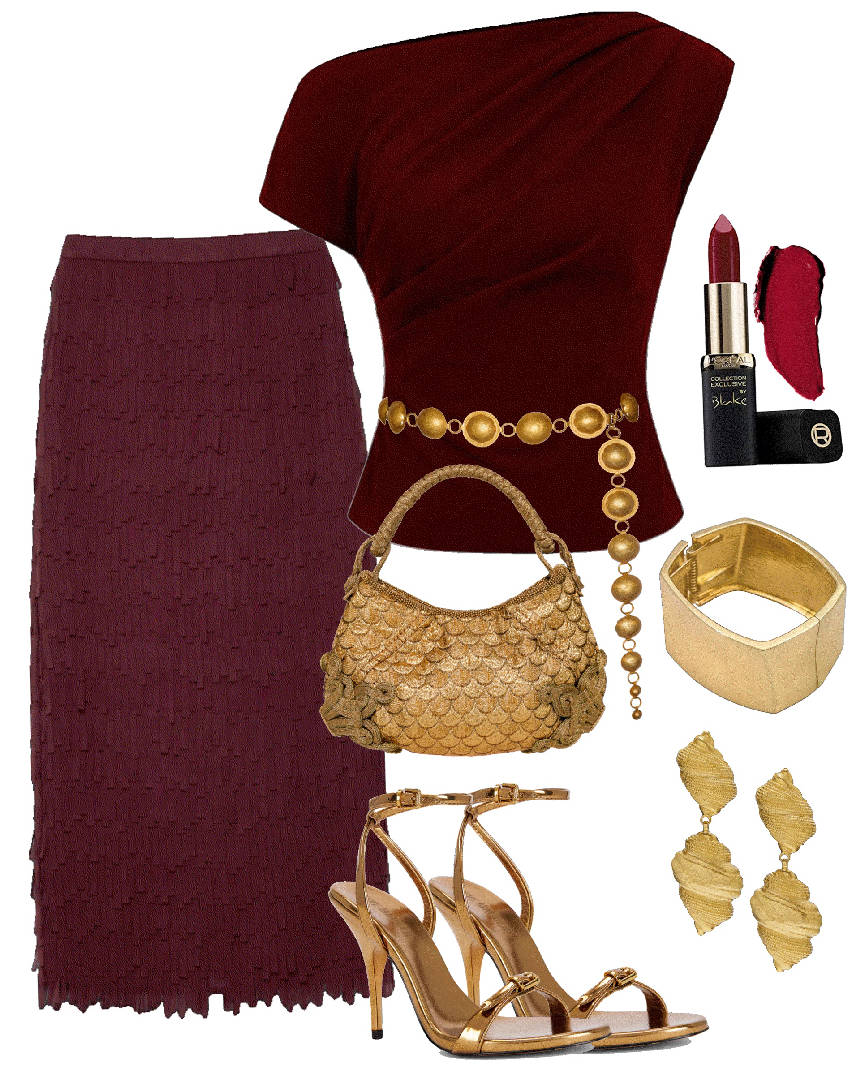 burgundy fringe skirt and one shoulder top