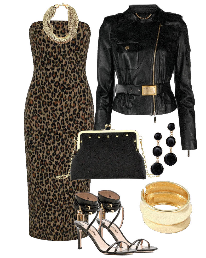 animal print strapless dress and leather jacket