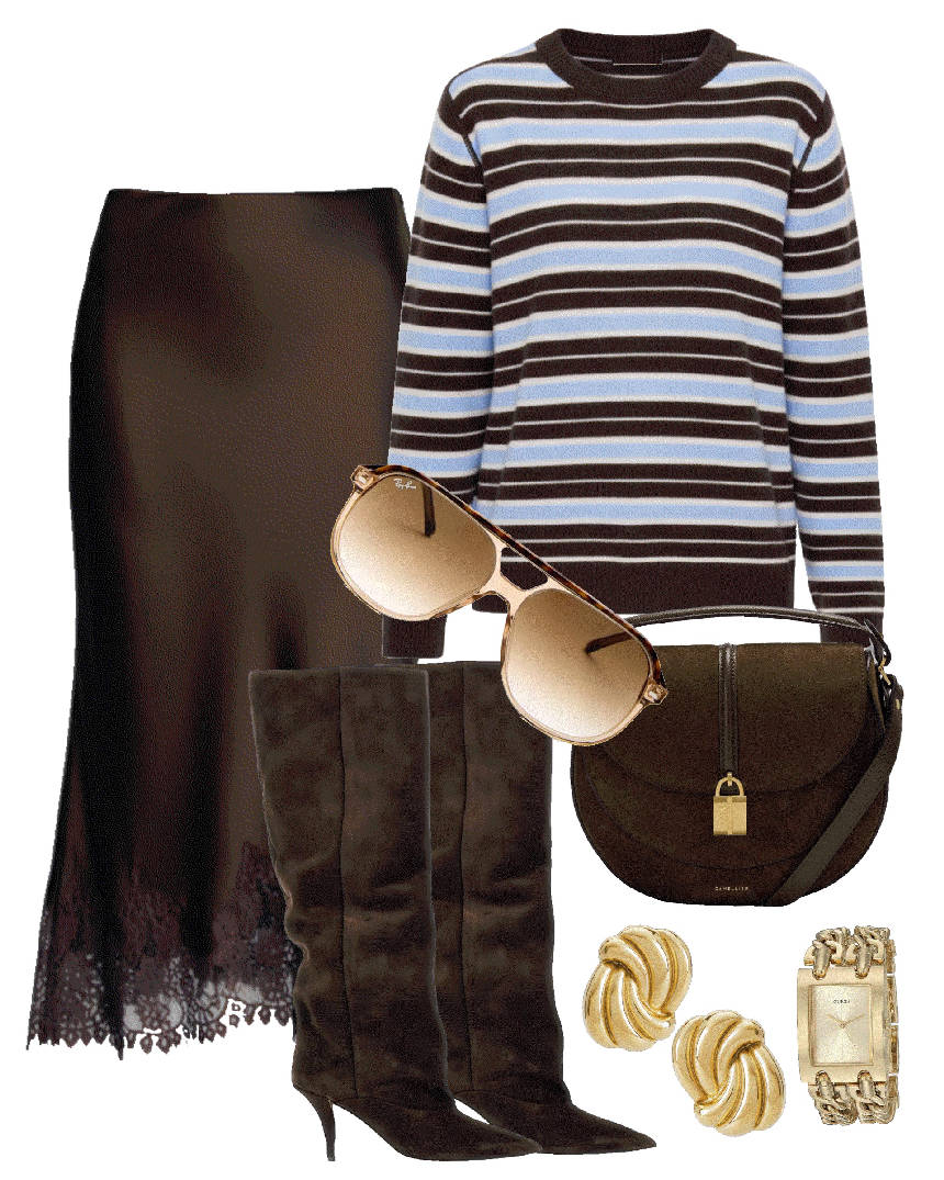 brown and light blue stripe sweater and brown skirt
