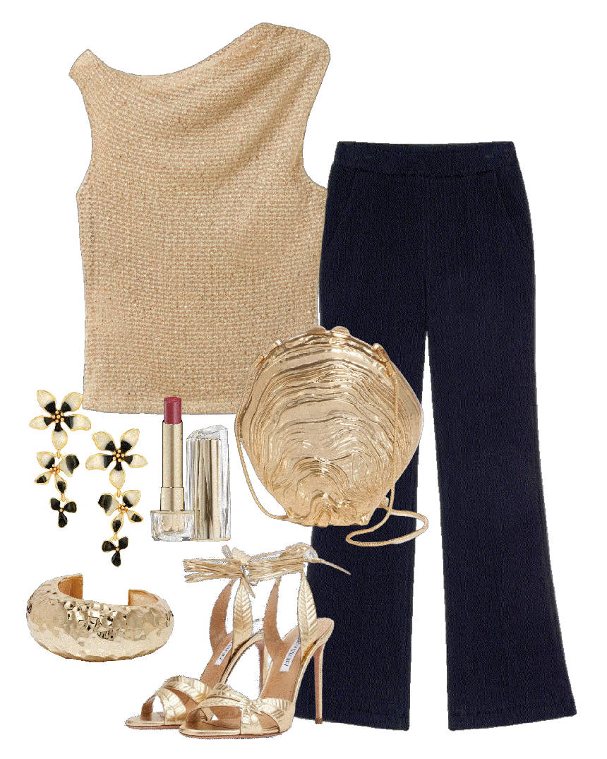 gold sequin blouse with black pants