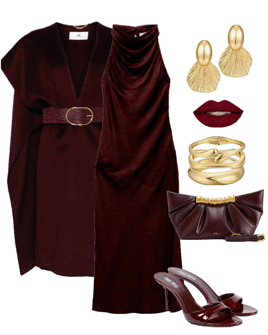 burgundy satin dress and burgundy sandals
