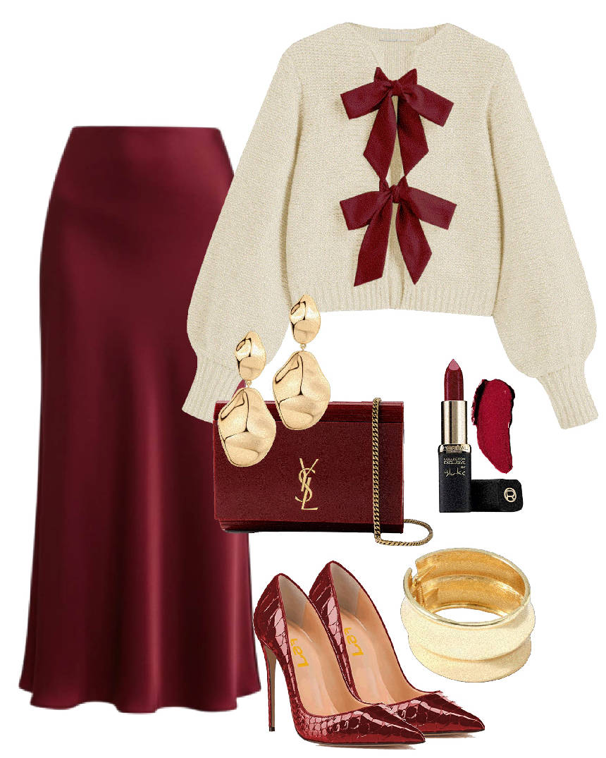 burgundy satin skirt and bow cardigan