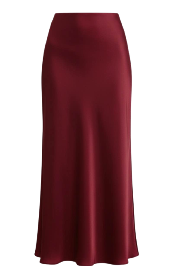 Fall High Waisted flown satin burgundy midi a-line skirt Prettygarden