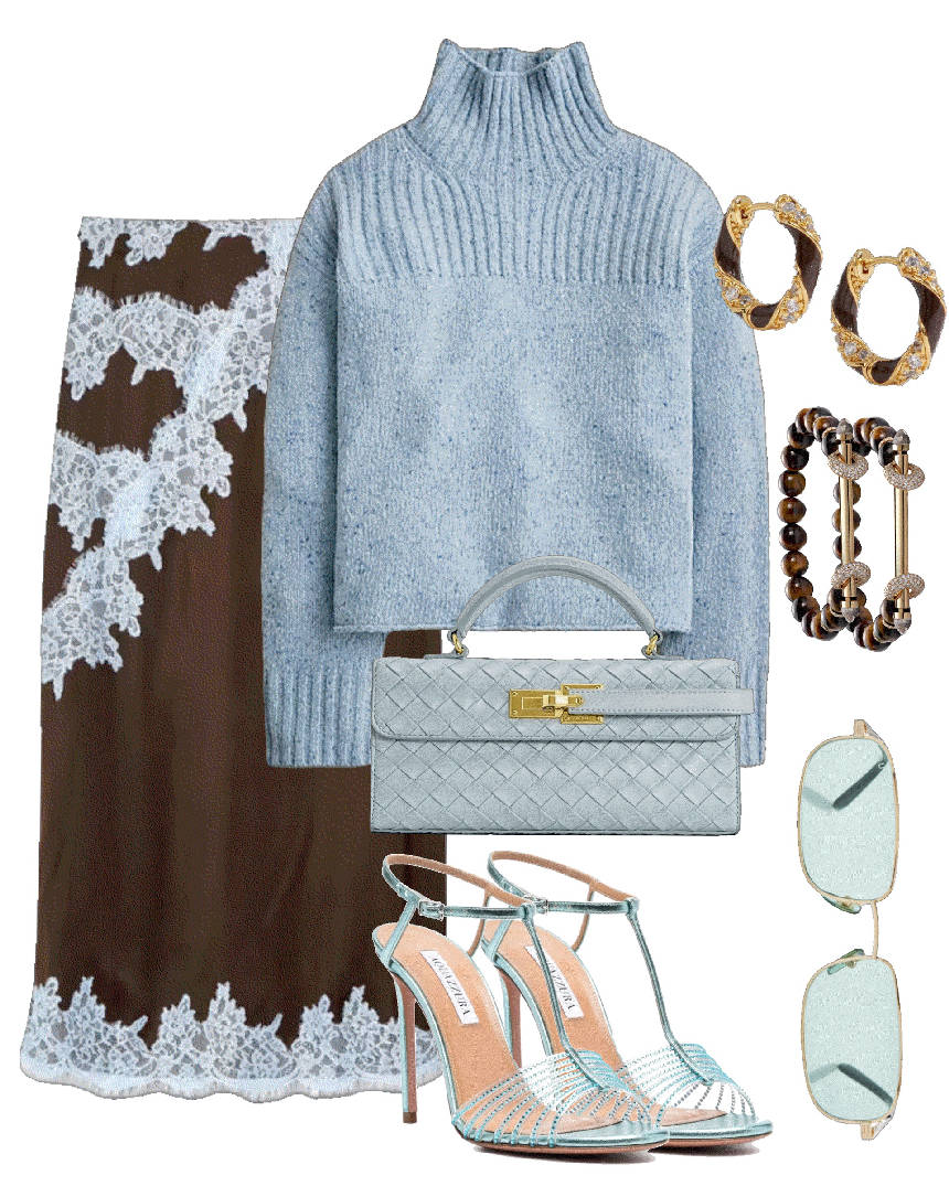 light blue sweater with satin lace brown skirt