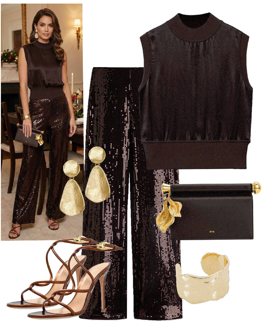 brown sequin pants and brown top