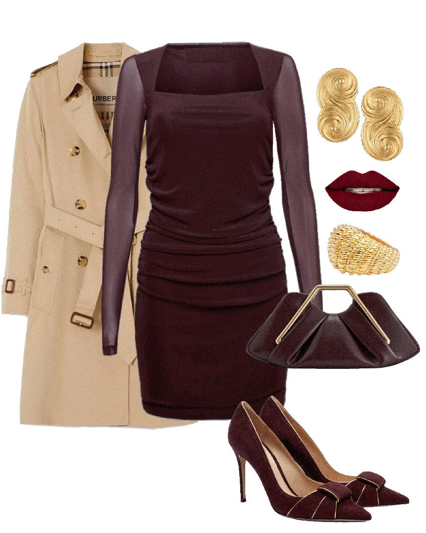 burgundy mini dress and burgundy pumps