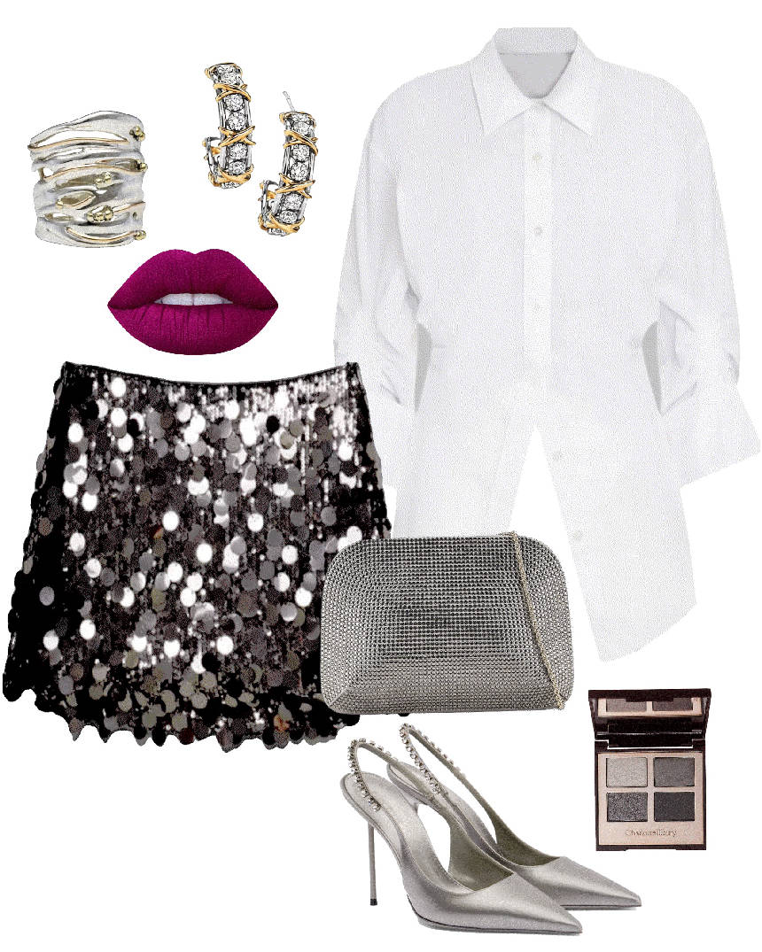 silver sequin mini skirt and white top