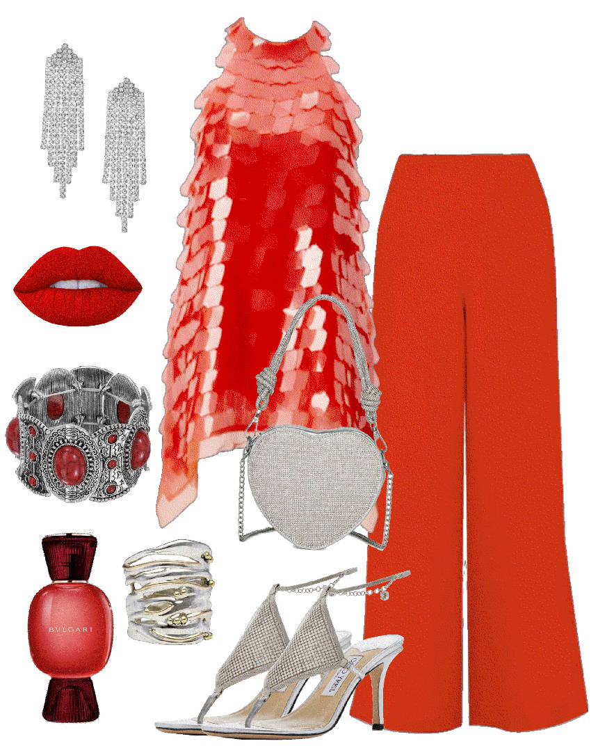 evening in red pants and sequin top