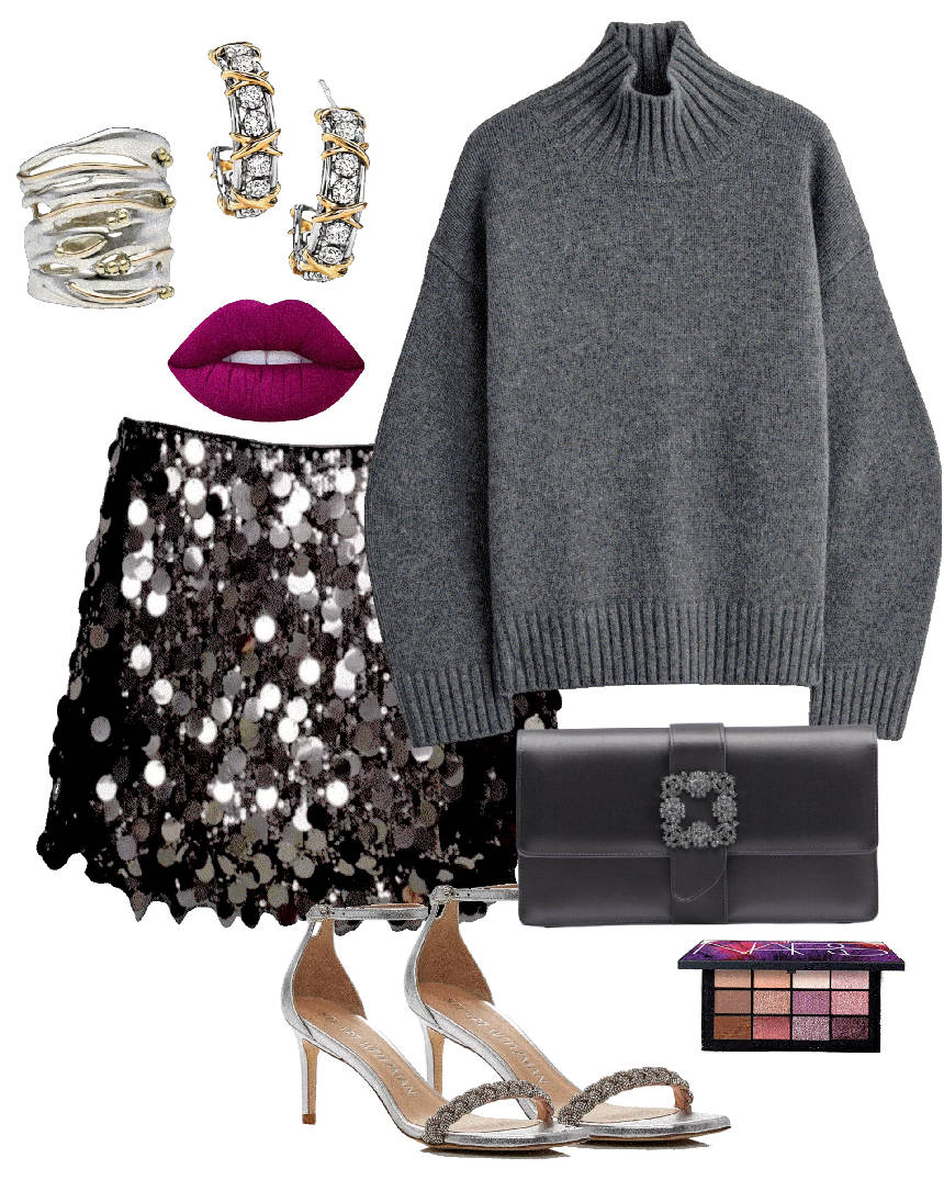 gray turtleneck sweater with sequin mini skirt
