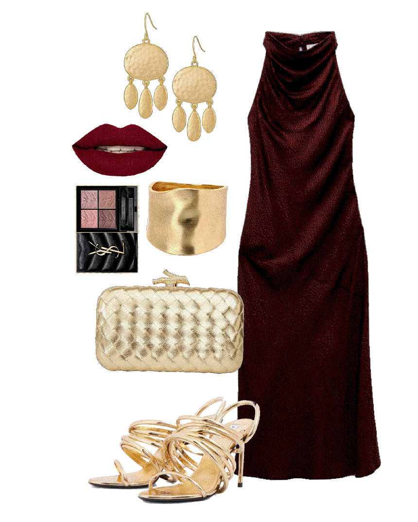burgundy dress and gold sandals