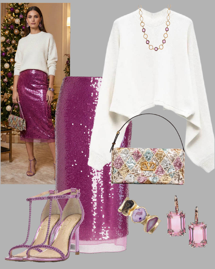 pink sequin skirt and white top