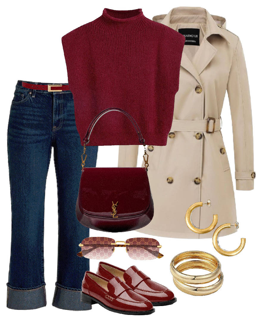 casual jeans red top loafers and a trench coat