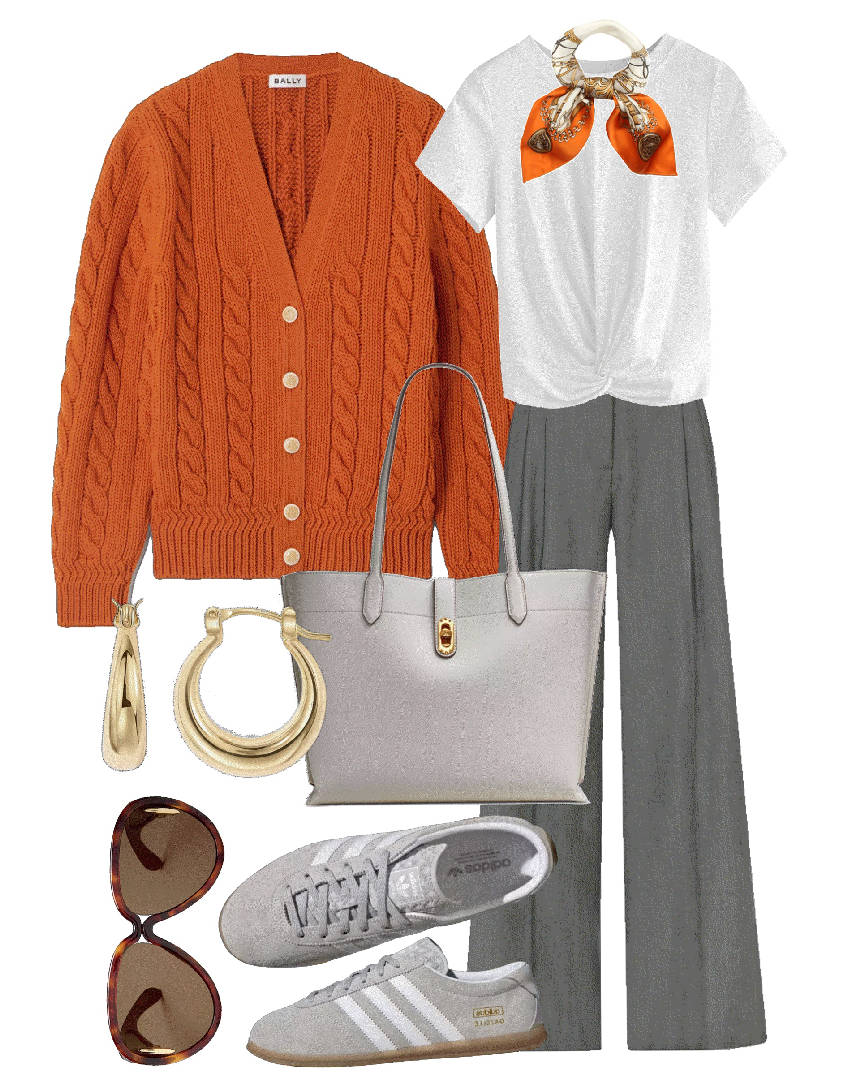 gray casual sneakers and wide leg pants