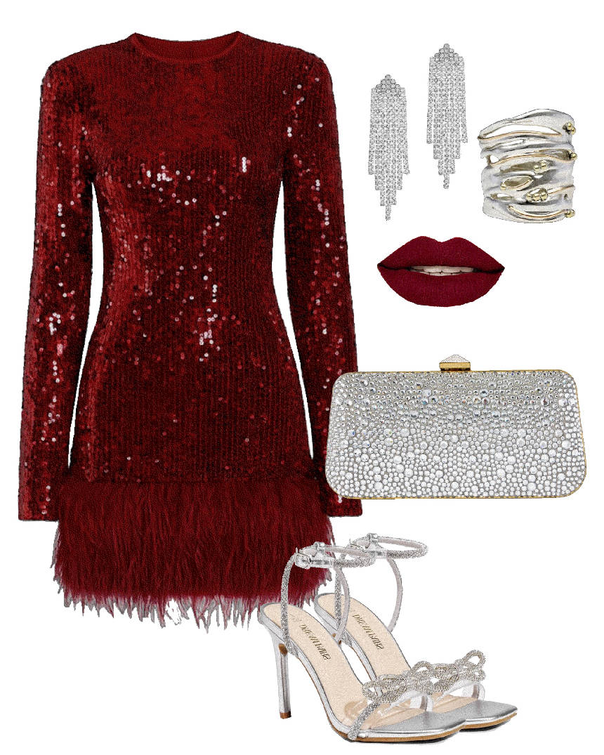 burgundy seqion mini dress and silver accessories