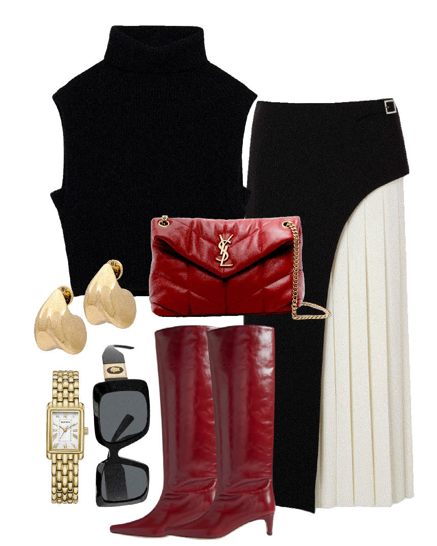 pleated skirt and turtleneck sweater