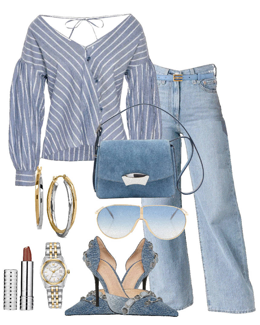 stripe off the shoulder top and jeans