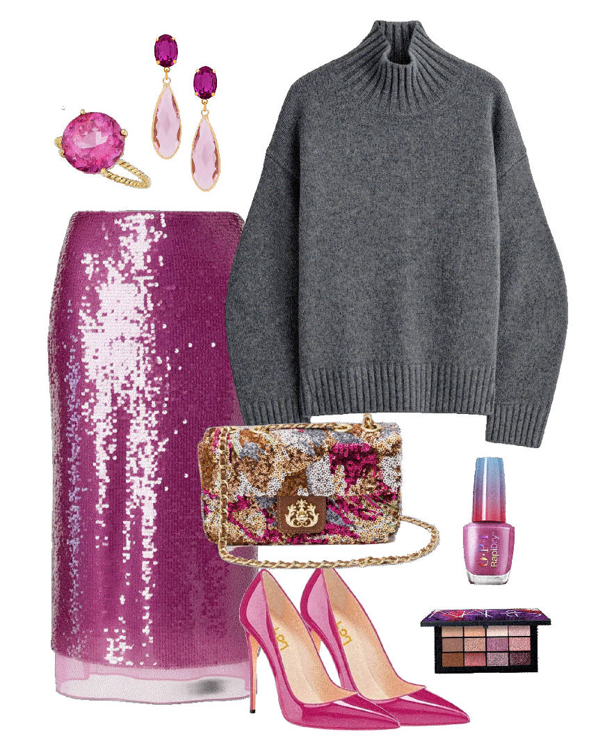 sequin purple skirt and gray sweater