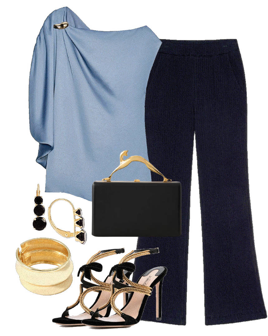 blue satin blouse and black pants