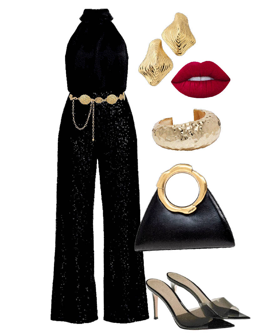 black sequin jumpsuit