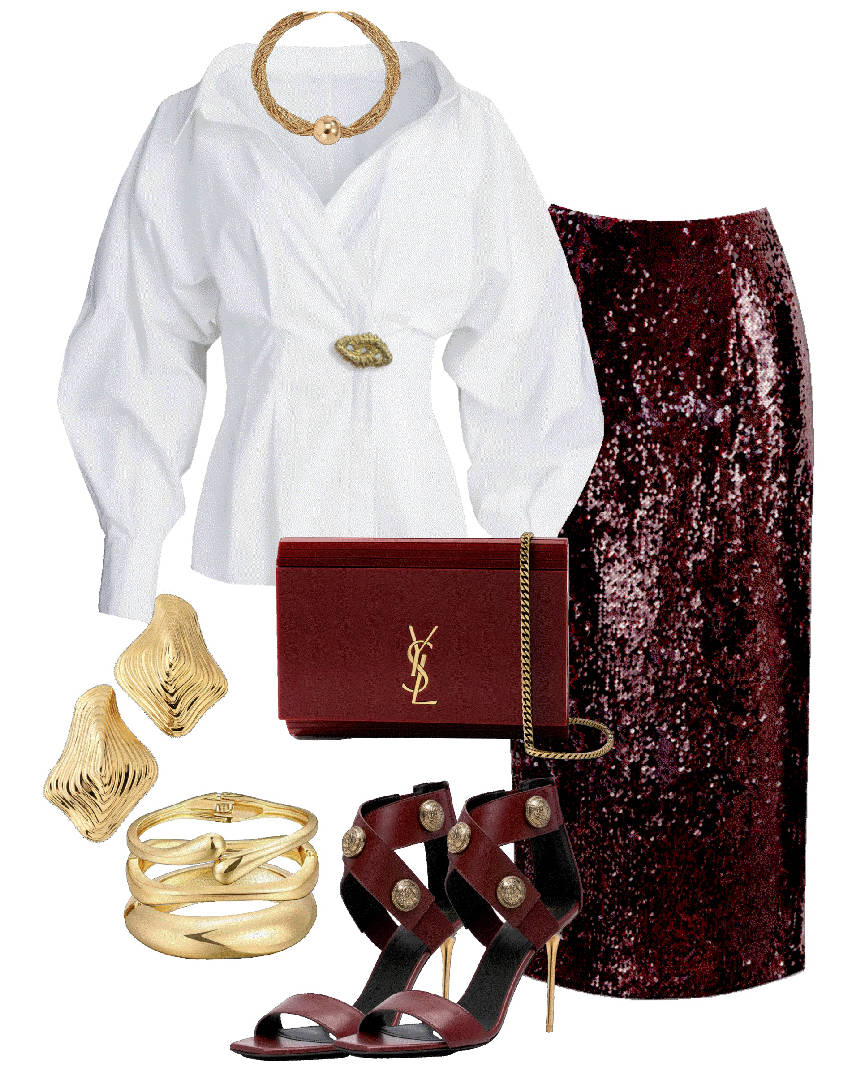 sequin burgundy midi skirt and white shirt