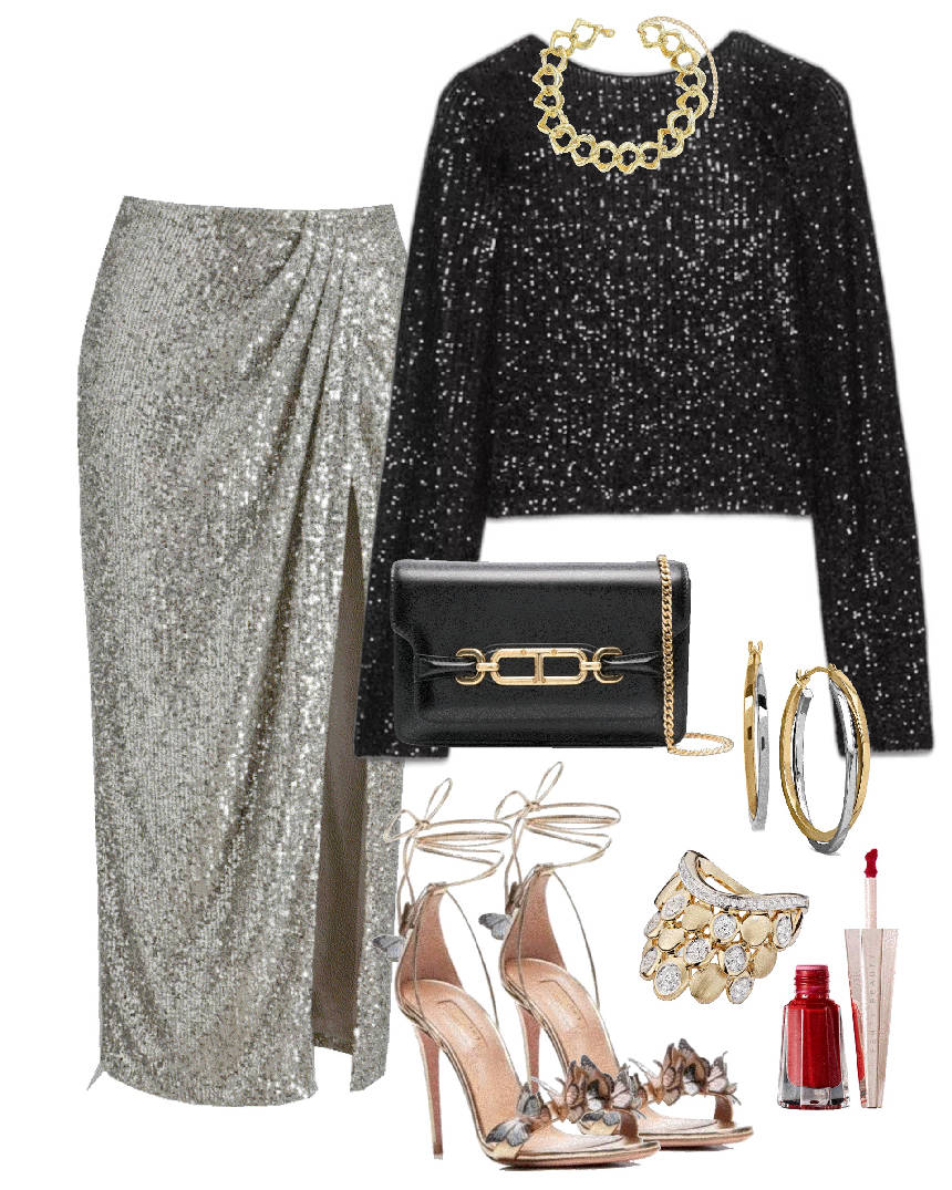 silver sequin skirt and black sequin top