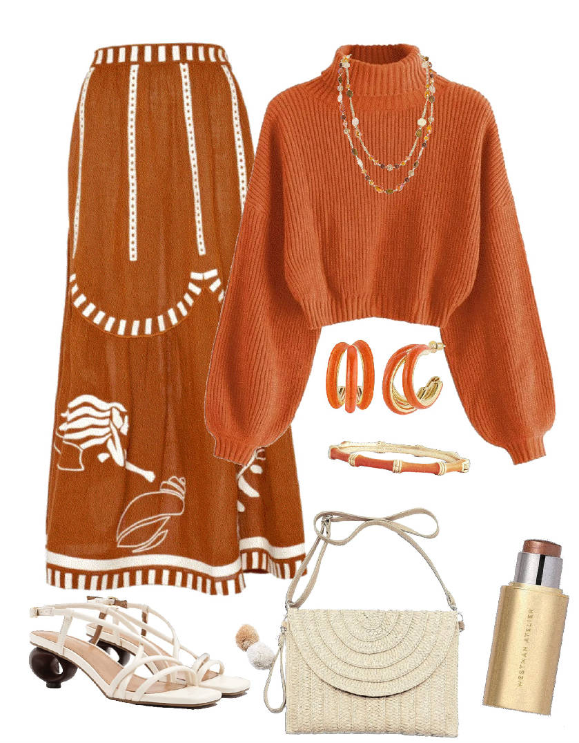 white raffia bag with orange maxi skirt