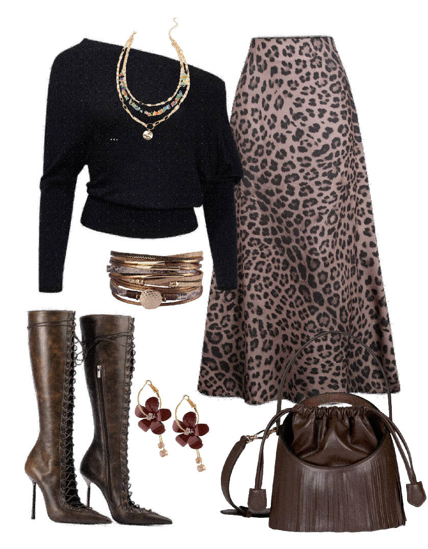 brown pointed toe boots with animal print skirt