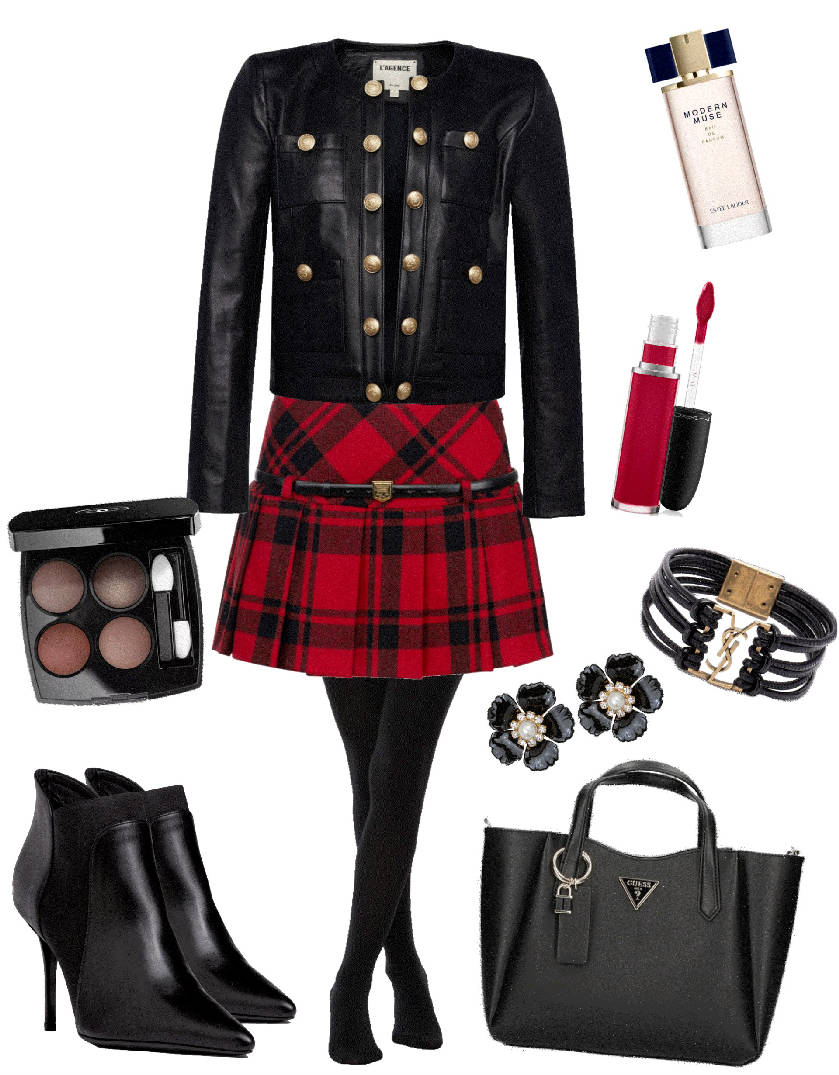 stylish tartan pleated mini skirt outfit