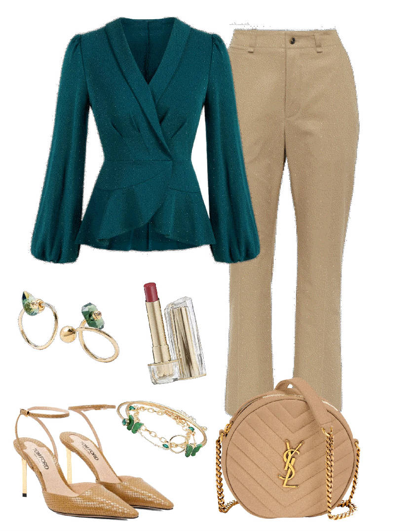 green belted top styled with beige pants