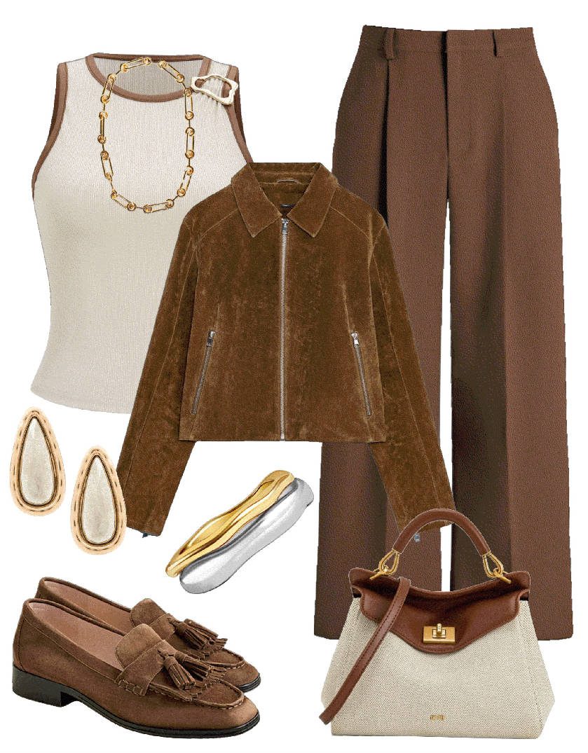 trendy suede jacket and loafers with pants