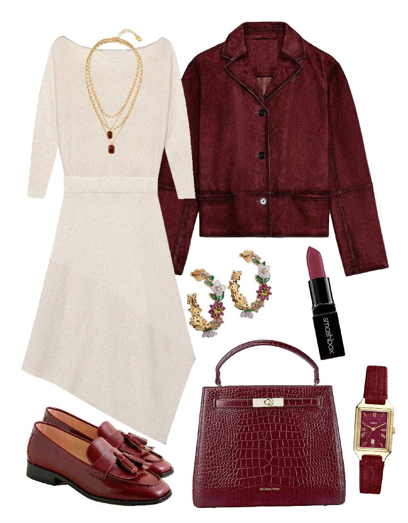 burgundy details loafers and white blazer