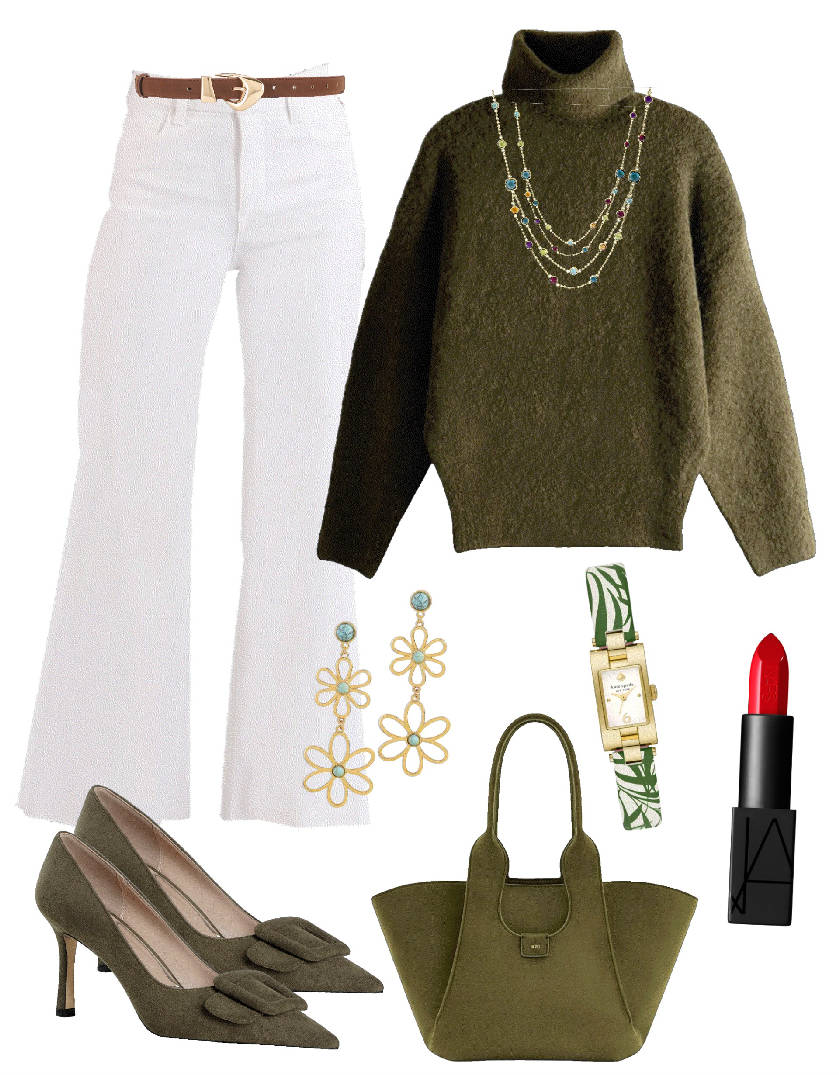 white jeans and rollneck sweater