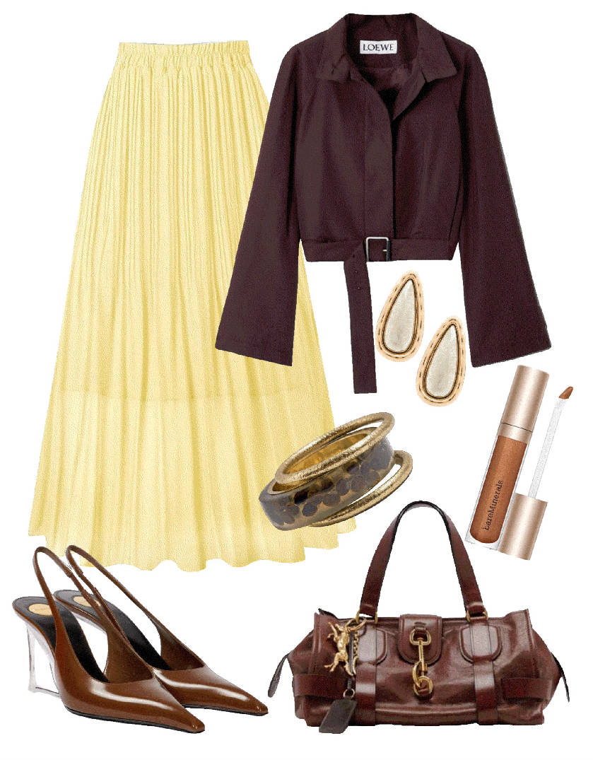 yellow pleated skirt and crop jacket top
