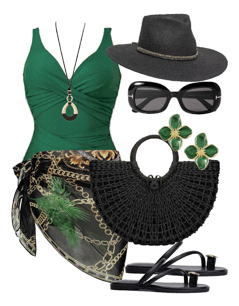 print sarong and green swimsuit