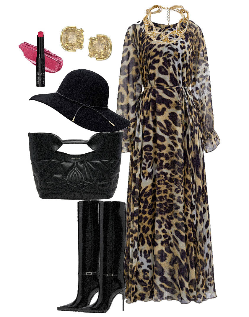 animal print dress and hat outfit