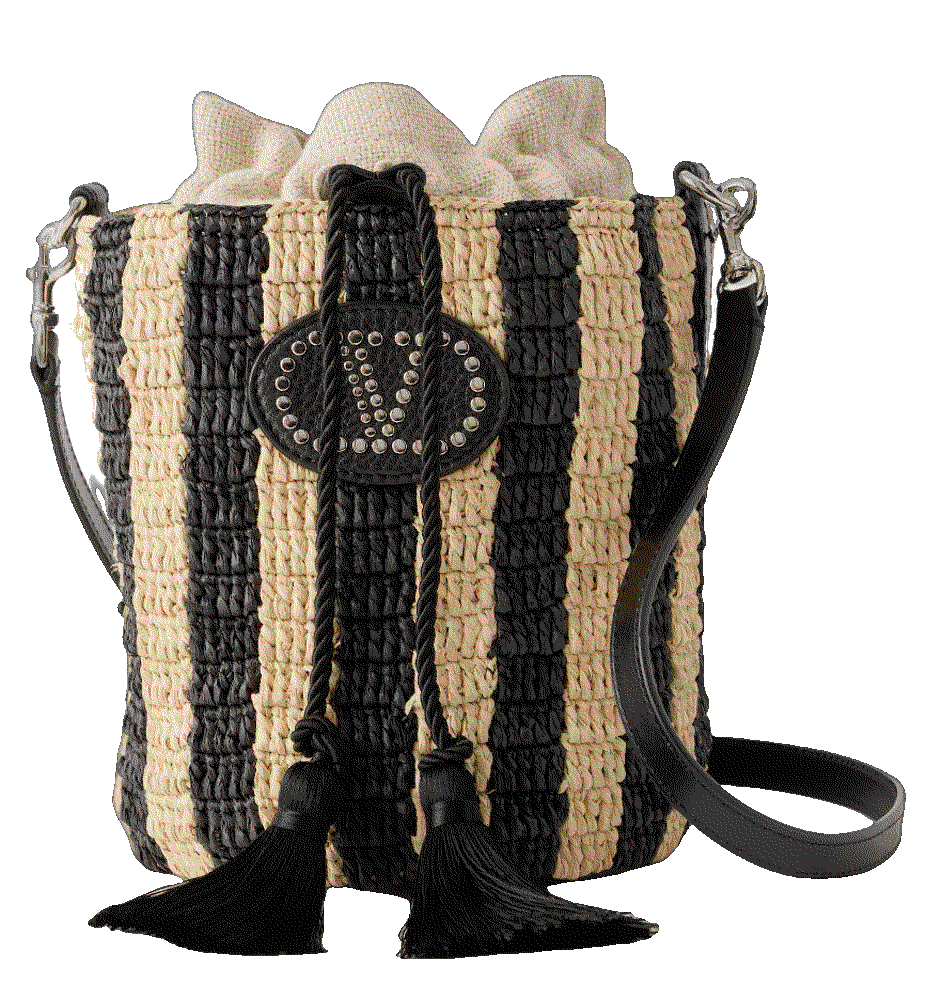 Embellished striped leather trimmed raffia bucket bag Valentino Garavani