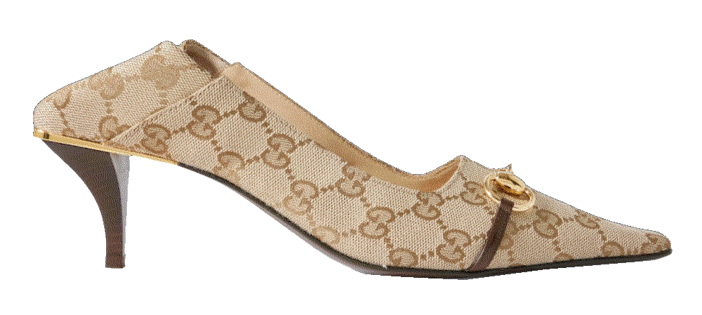 Vittoria collapsible heel horsebit embellished leather trimmed canvas jacquard pumps Gucci