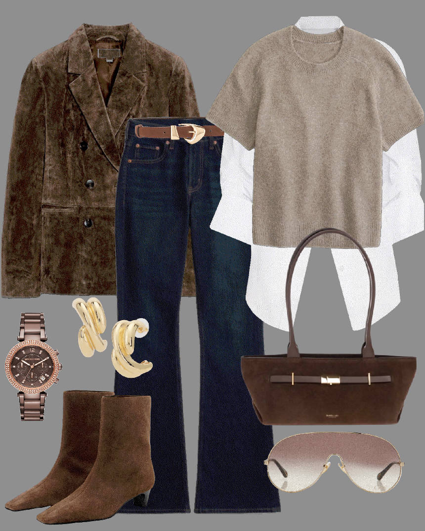 flare indigo jeans in preppy style outfit