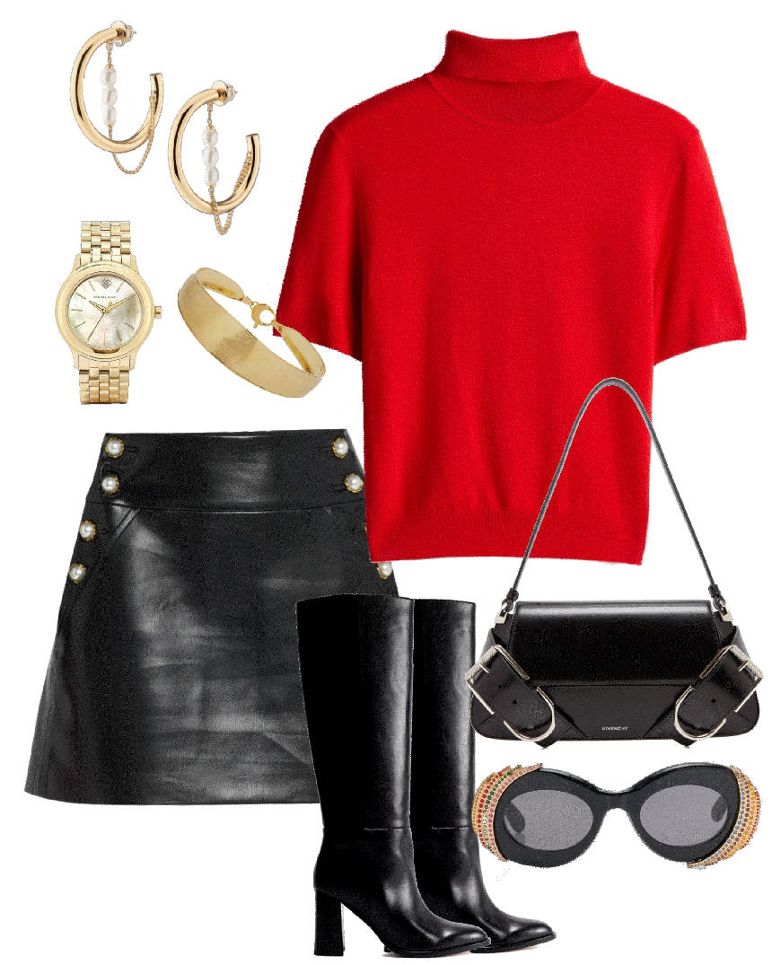 black knee length boots with a mini leather skirt