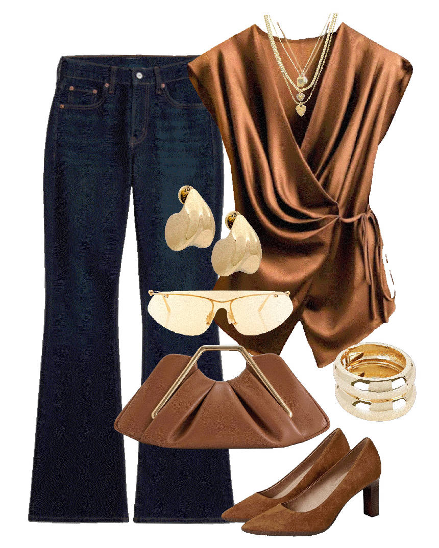 satin blouse and indigo blue jeans