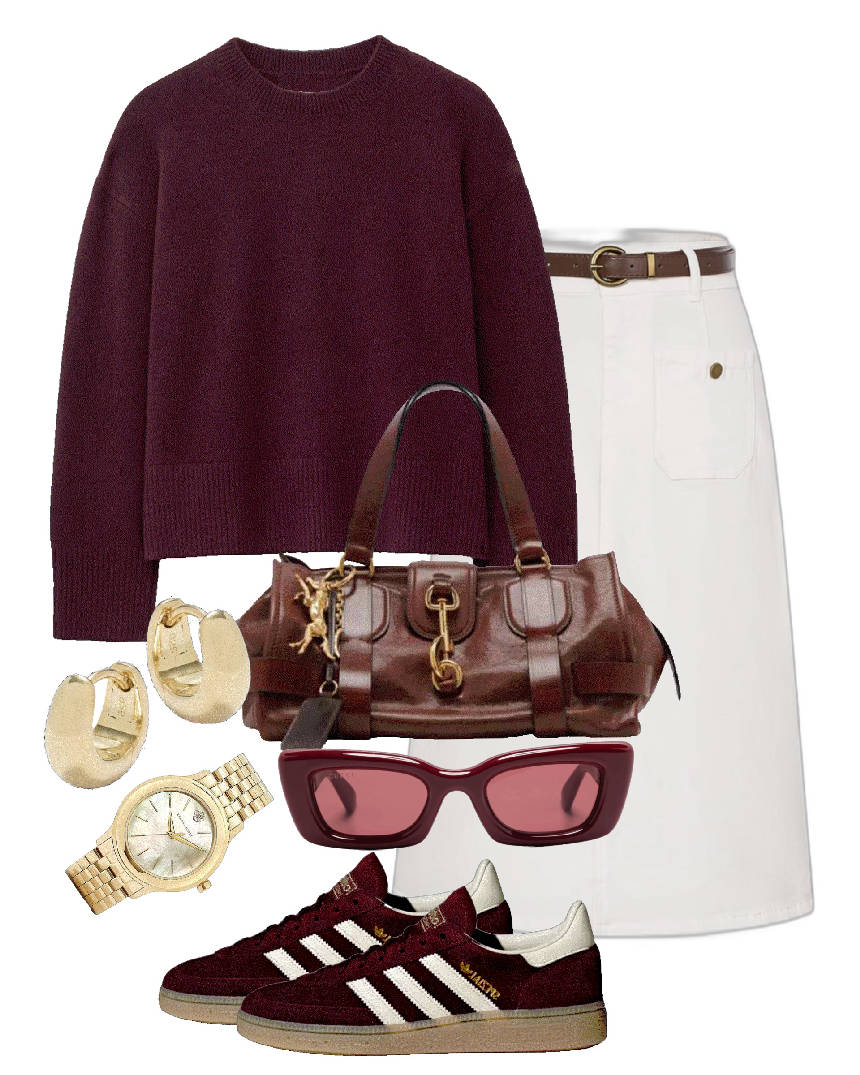 denim skirt with burgundy sweater and sneakers