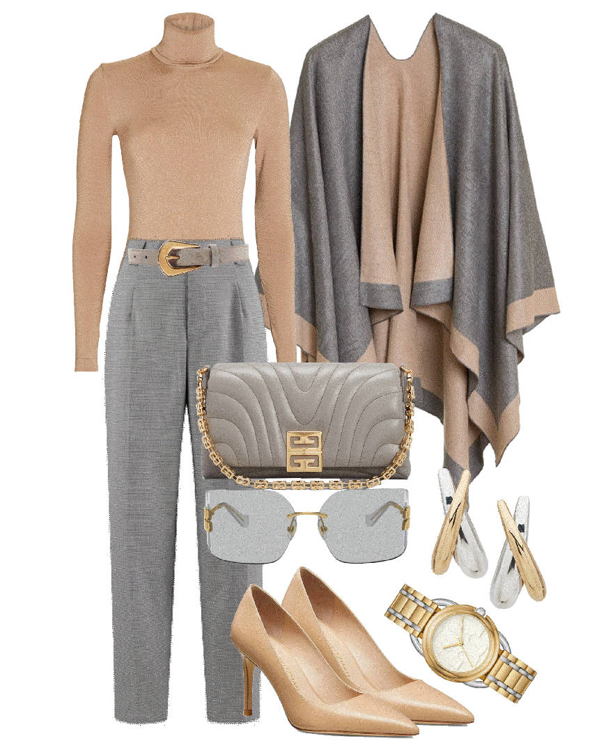 gray and camel cape with gray and camel top and pants