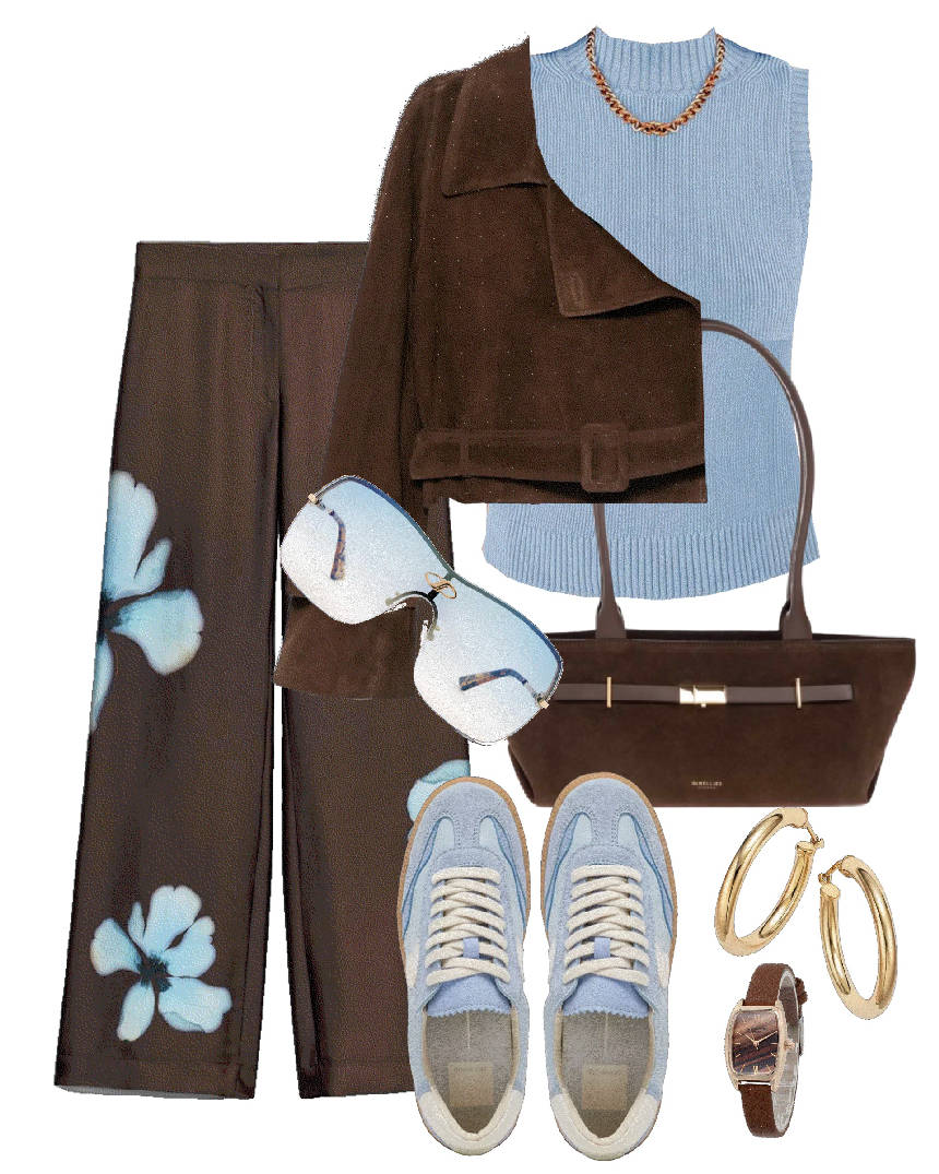 print pants style in light blue and brown