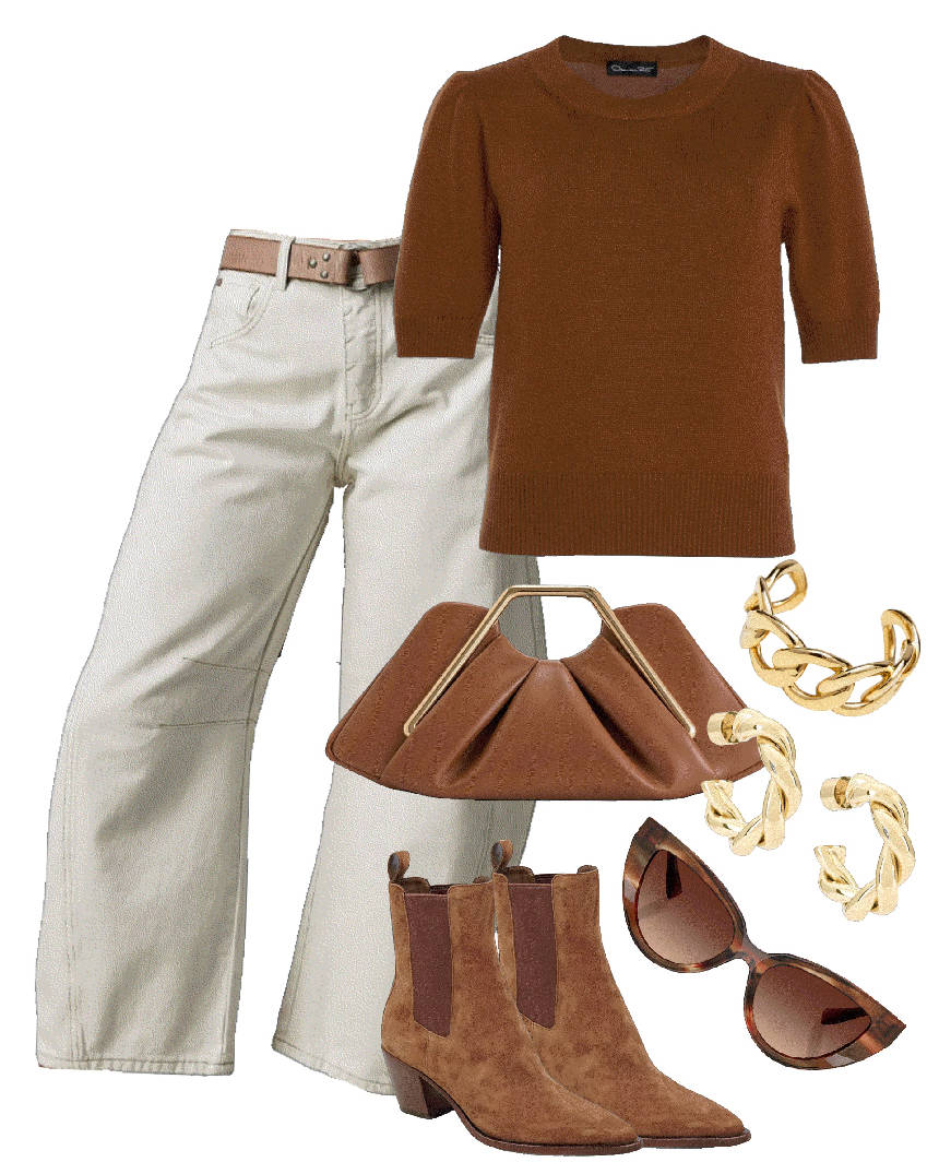 white barrel jeans and brown top