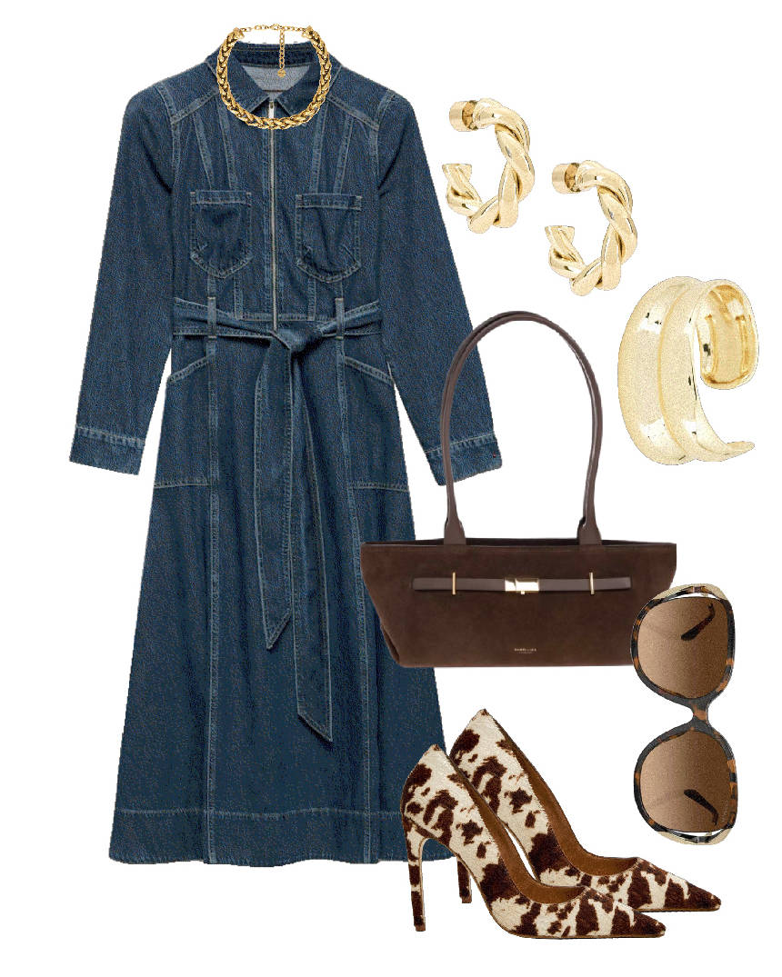 cow print pumps and denim dress