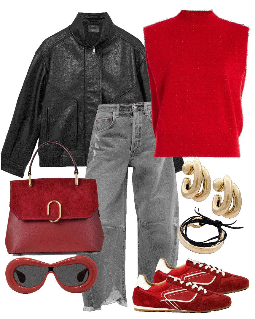 red aleek sneakers styled with barrel jeans